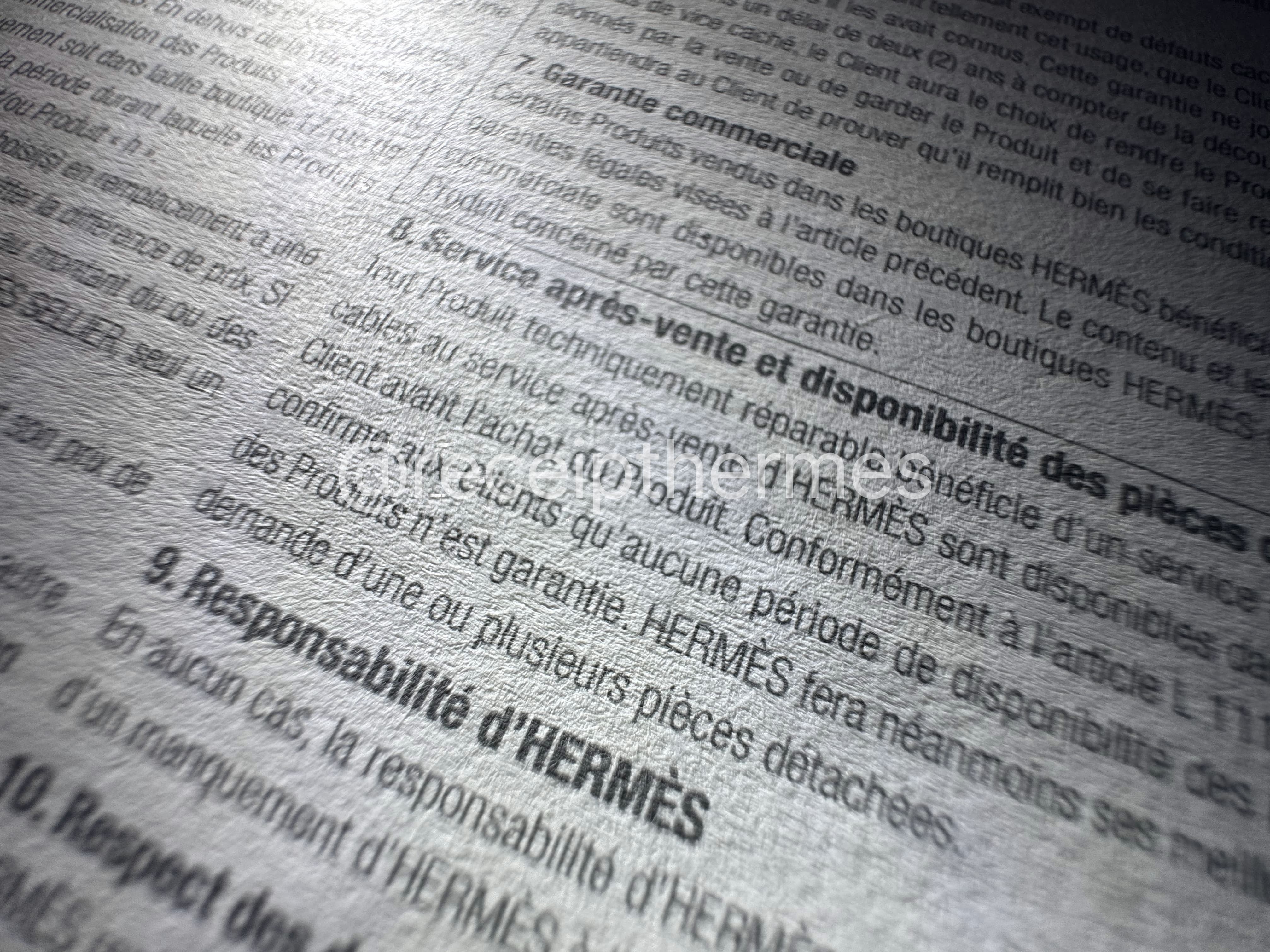 Replacement Hermes receipt back side — French terms and conditions text including Garantie commerciale and Service après-vente sections