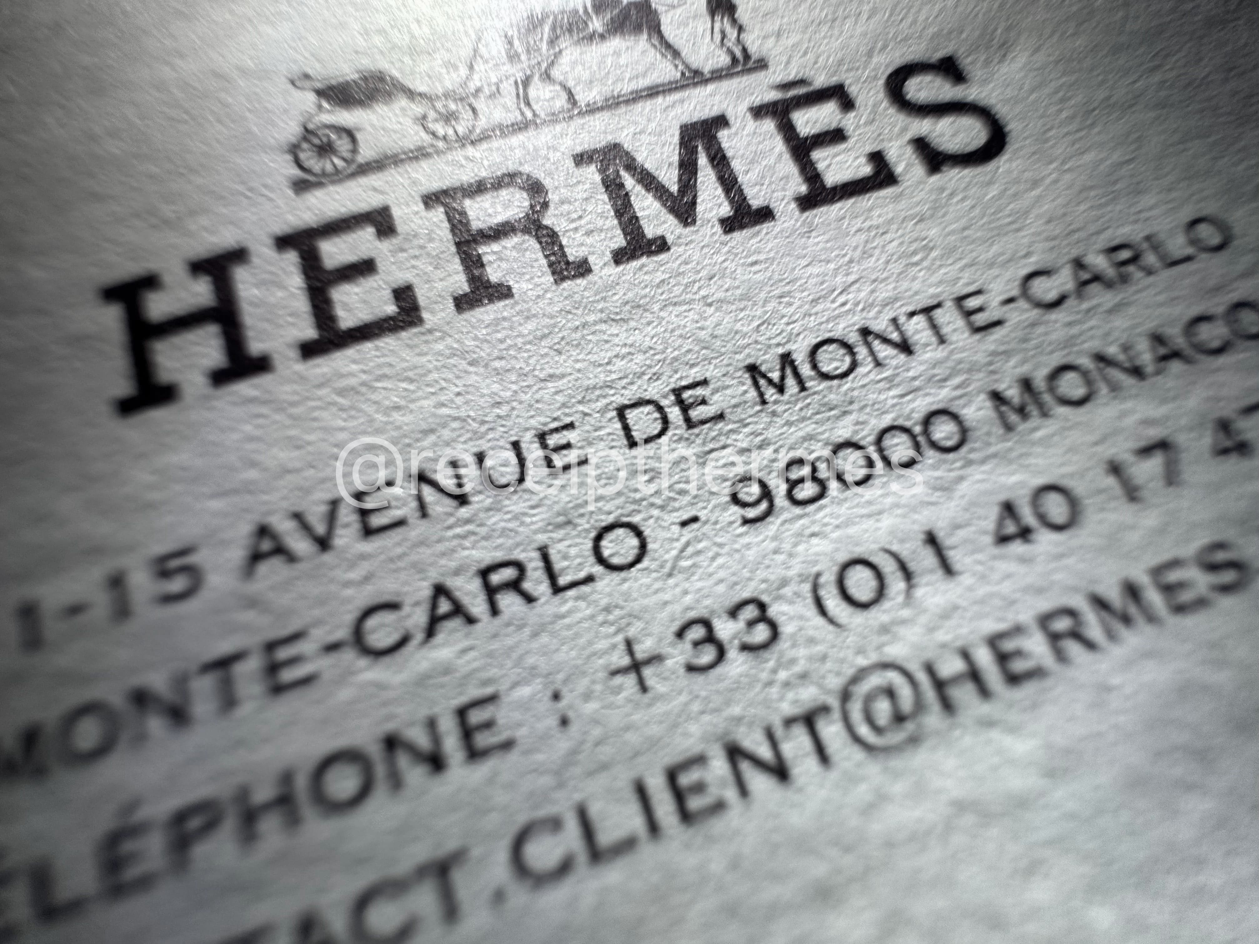 Replacement Hermes receipt closeup — Hermès letterhead with carriage logo and Monte-Carlo store address