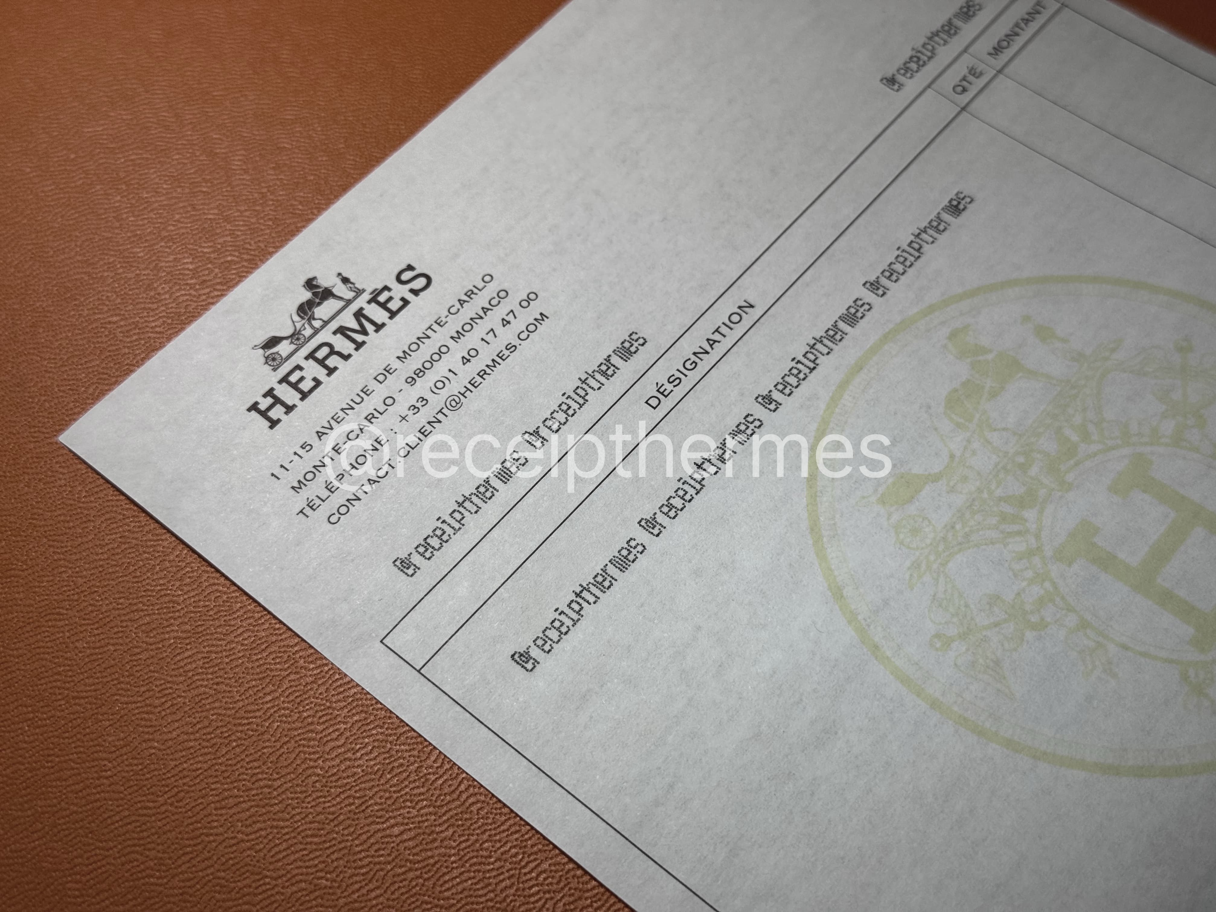 Premium replacement Hermes receipt — full receipt showing Hermès letterhead, itemised purchase details, dotmatrix printing, and authentic paper stock